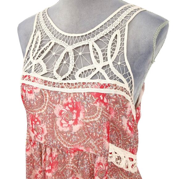 Free People Dress Womens 10 Maxi Ivory Red Pink Floral Lace Trim Lined Chiffon - Picture 8 of 13
